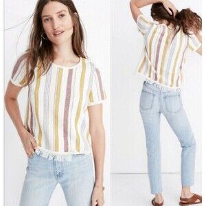 Madewell Short-Sleeve Striped Fringe Hem Sweater - White, Mustard, Rust
